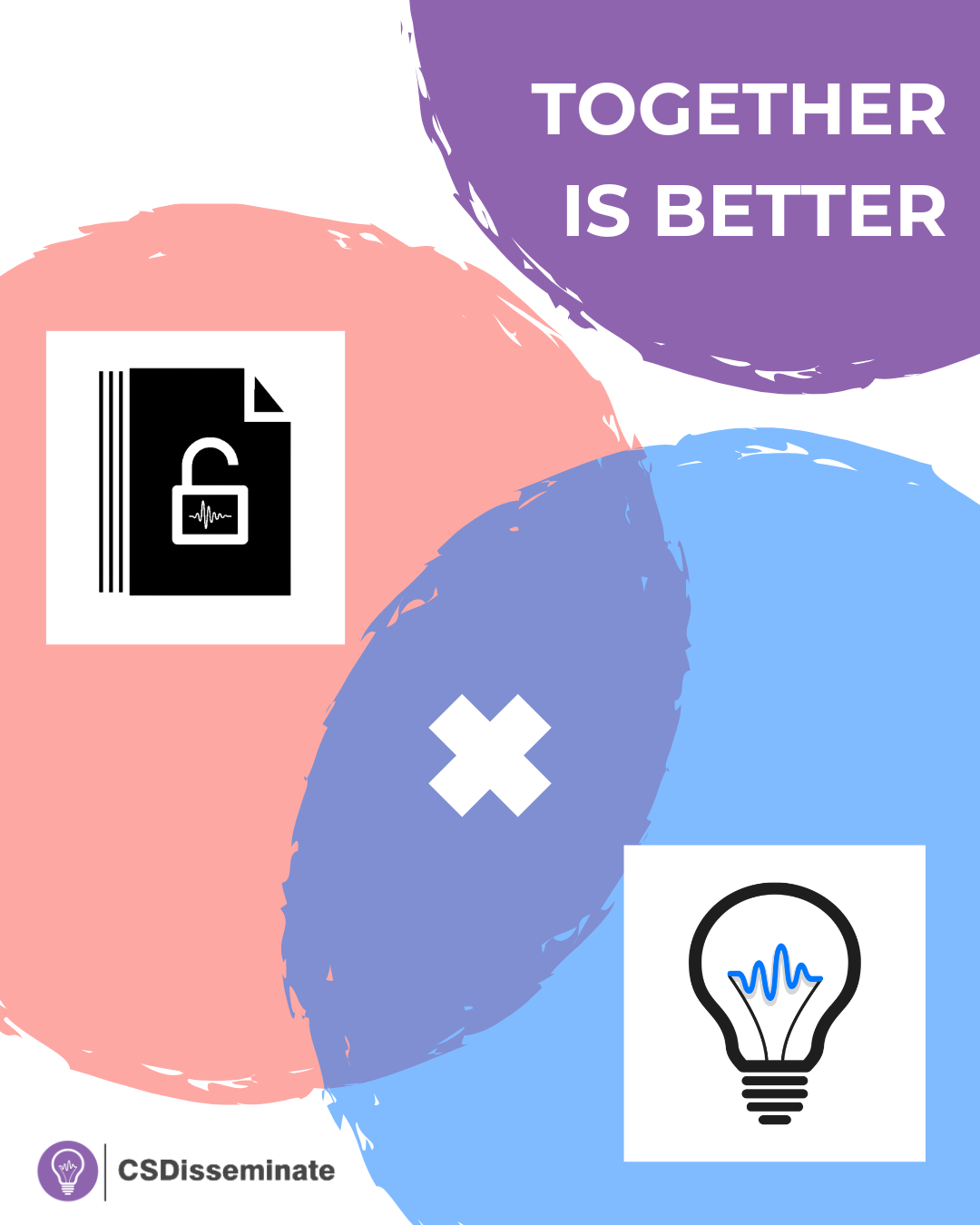 Graphic featuring the phrase “TOGETHER IS BETTER” with the old CSDisseminate logo (a document with an unlocked padlock) and the OpenCSD LOGO (a lightbulb with a waveform inside) merging visually. The background uses overlapping pastel shapes in pink, blue, and purple, with a white “X” in the center suggesting collaboration. The CSDisseminate logo appears at the bottom.